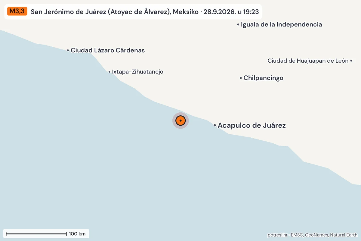 Karta: šire područje, 600 km, potres M3,3, San Jerónimo de Juárez (Atoyac de Álvarez), Meksiko, 28.9.2026.