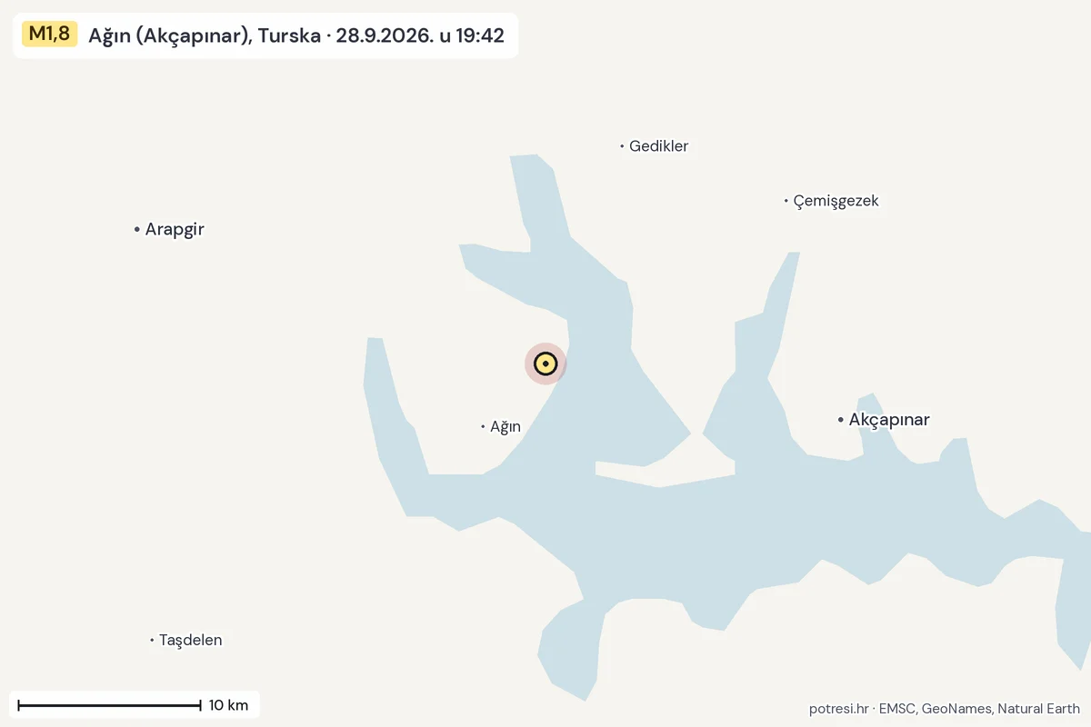 Karta: okolica epicentra, 60 km, potres M1,8, Ağın (Akçapınar), Turska, 28.9.2026.