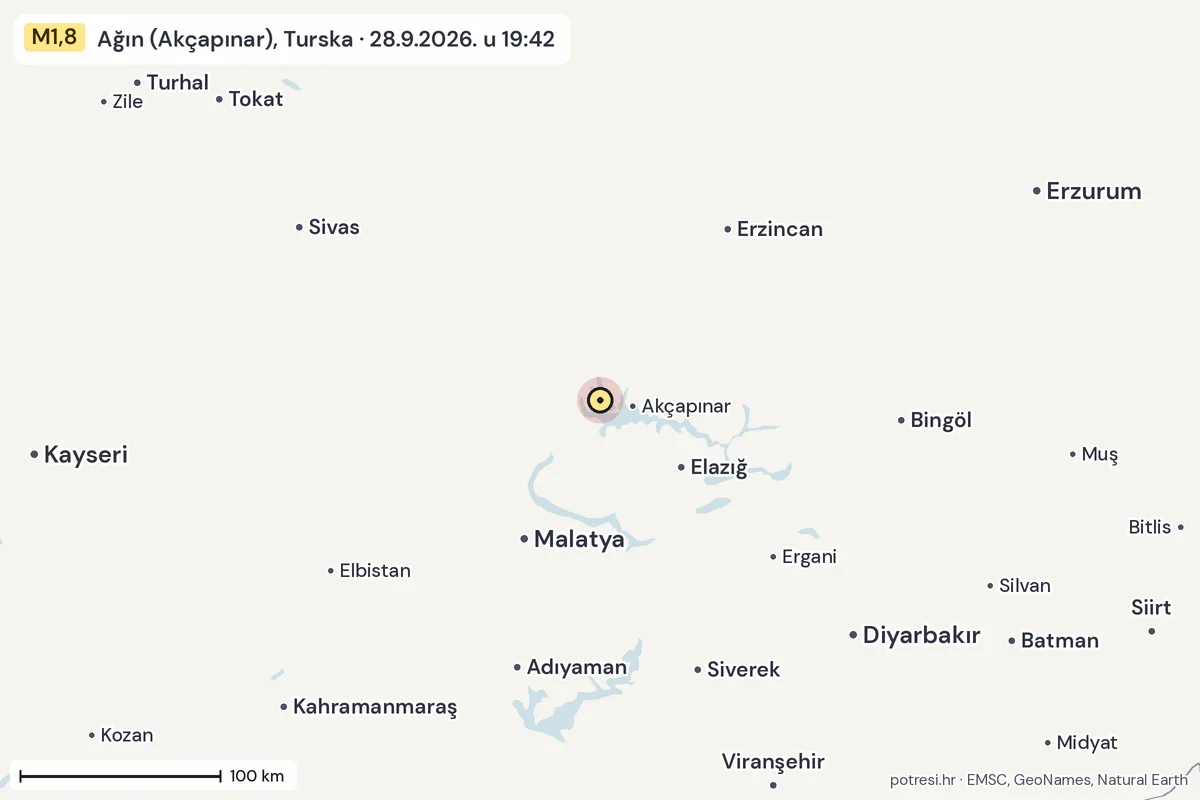 Karta: šire područje, 600 km, potres M1,8, Ağın (Akçapınar), Turska, 28.9.2026.