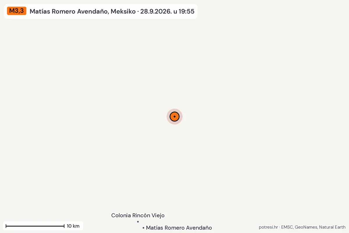 Karta: okolica epicentra, 60 km, potres M3,3, Matías Romero Avendaño, Meksiko, 28.9.2026.