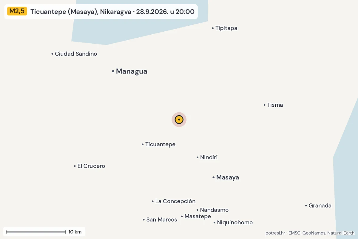 Karta: okolica epicentra, 60 km, potres M2,5, Ticuantepe (Masaya), Nikaragva, 28.9.2026.