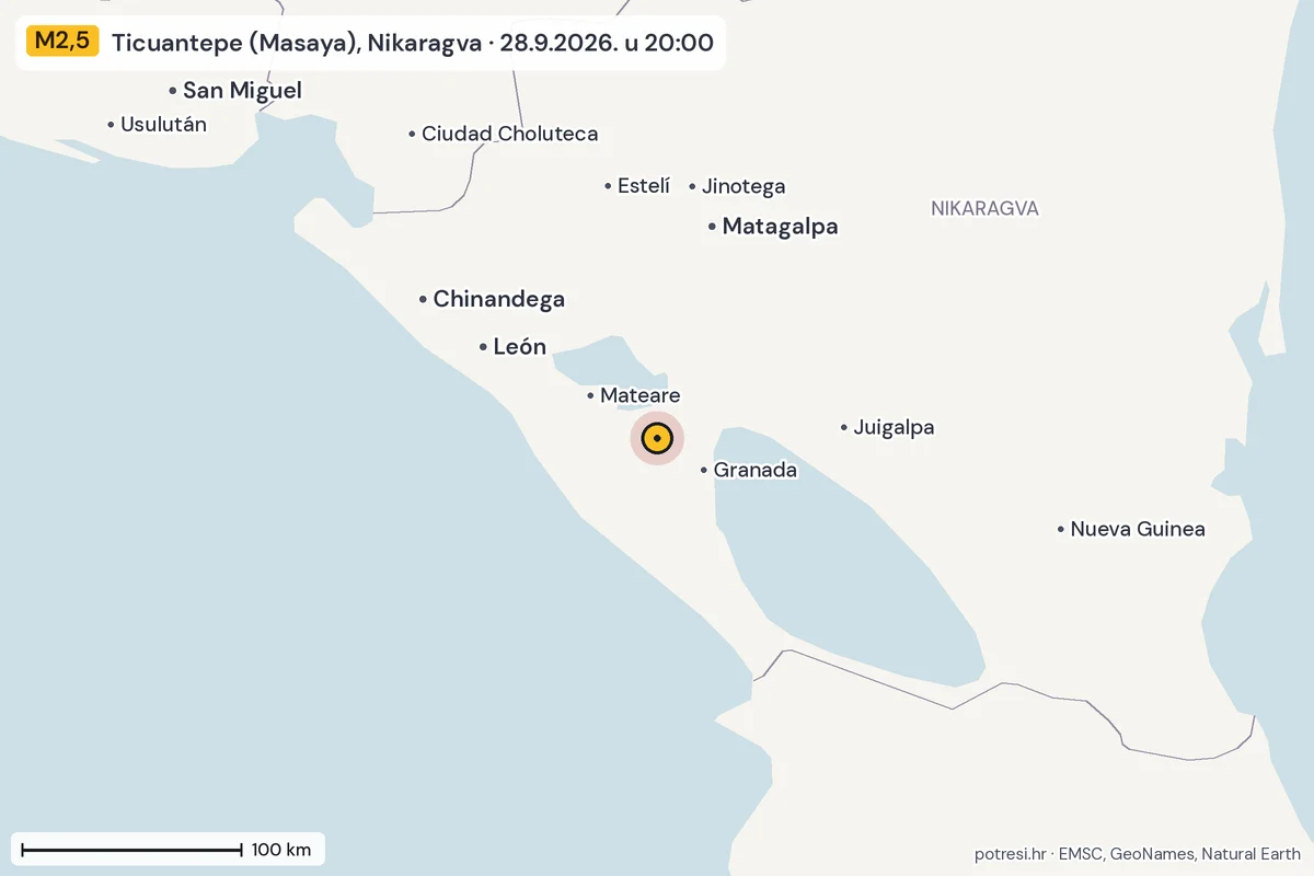 Karta: šire područje, 600 km, potres M2,5, Ticuantepe (Masaya), Nikaragva, 28.9.2026.