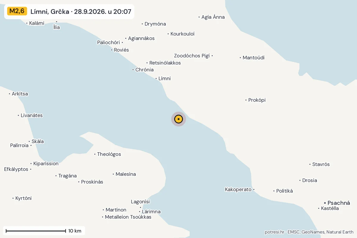Karta: okolica epicentra, 60 km, potres M2,6, Límni, Grčka, 28.9.2026.