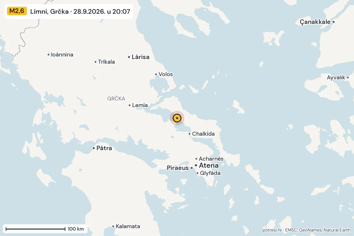 Karta: šire područje, 600 km, potres M2,6, Límni, Grčka, 28.9.2026.