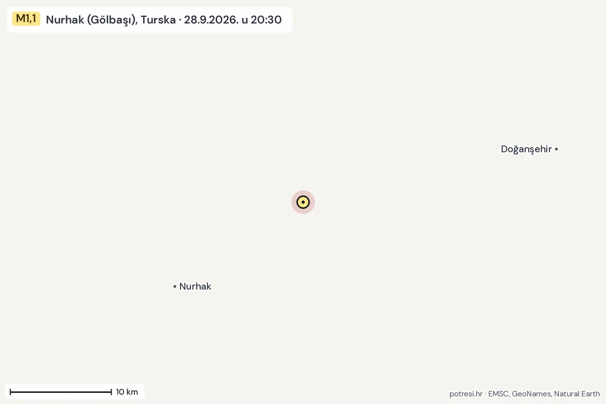 Karta: okolica epicentra, 60 km, potres M1,1, Nurhak (Gölbaşı), Turska, 28.9.2026.