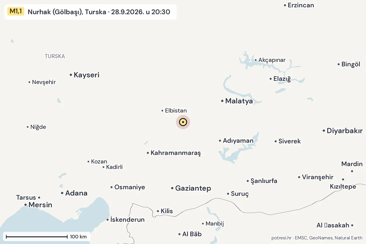 Karta: šire područje, 600 km, potres M1,1, Nurhak (Gölbaşı), Turska, 28.9.2026.