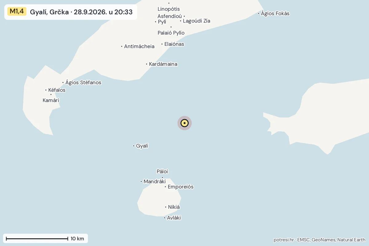 Karta: okolica epicentra, 60 km, potres M1,4, Gyalí, Grčka, 28.9.2026.