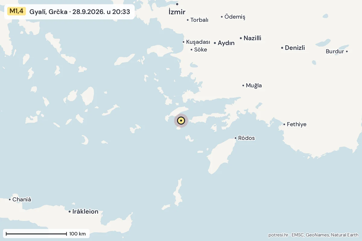 Karta: šire područje, 600 km, potres M1,4, Gyalí, Grčka, 28.9.2026.