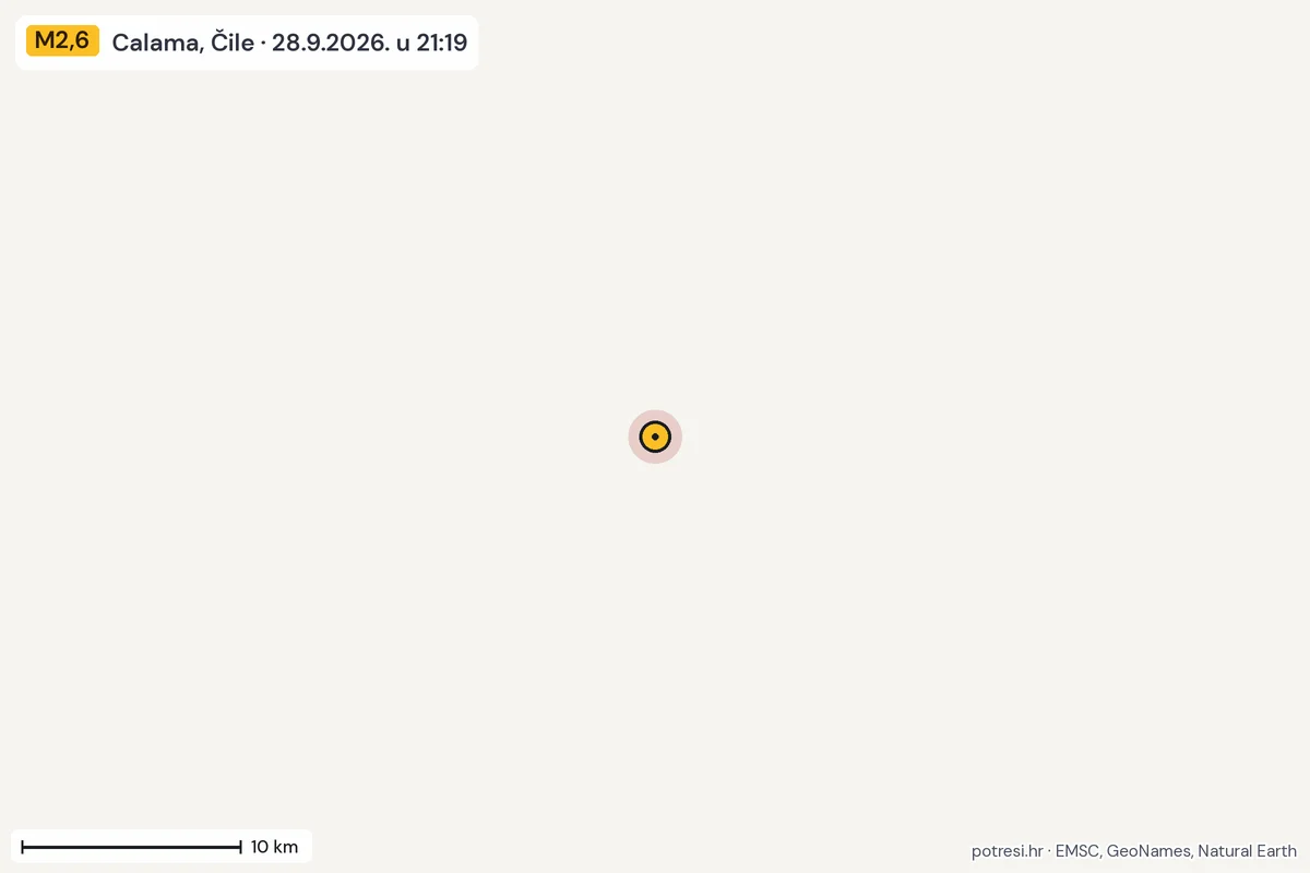 Karta: okolica epicentra, 60 km, potres M2,6, Calama, Čile, 28.9.2026.