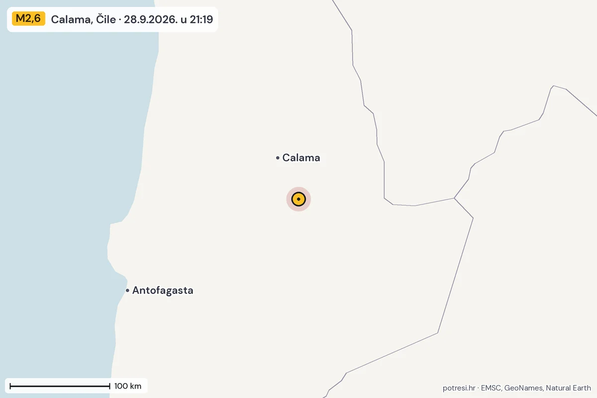 Karta: šire područje, 600 km, potres M2,6, Calama, Čile, 28.9.2026.