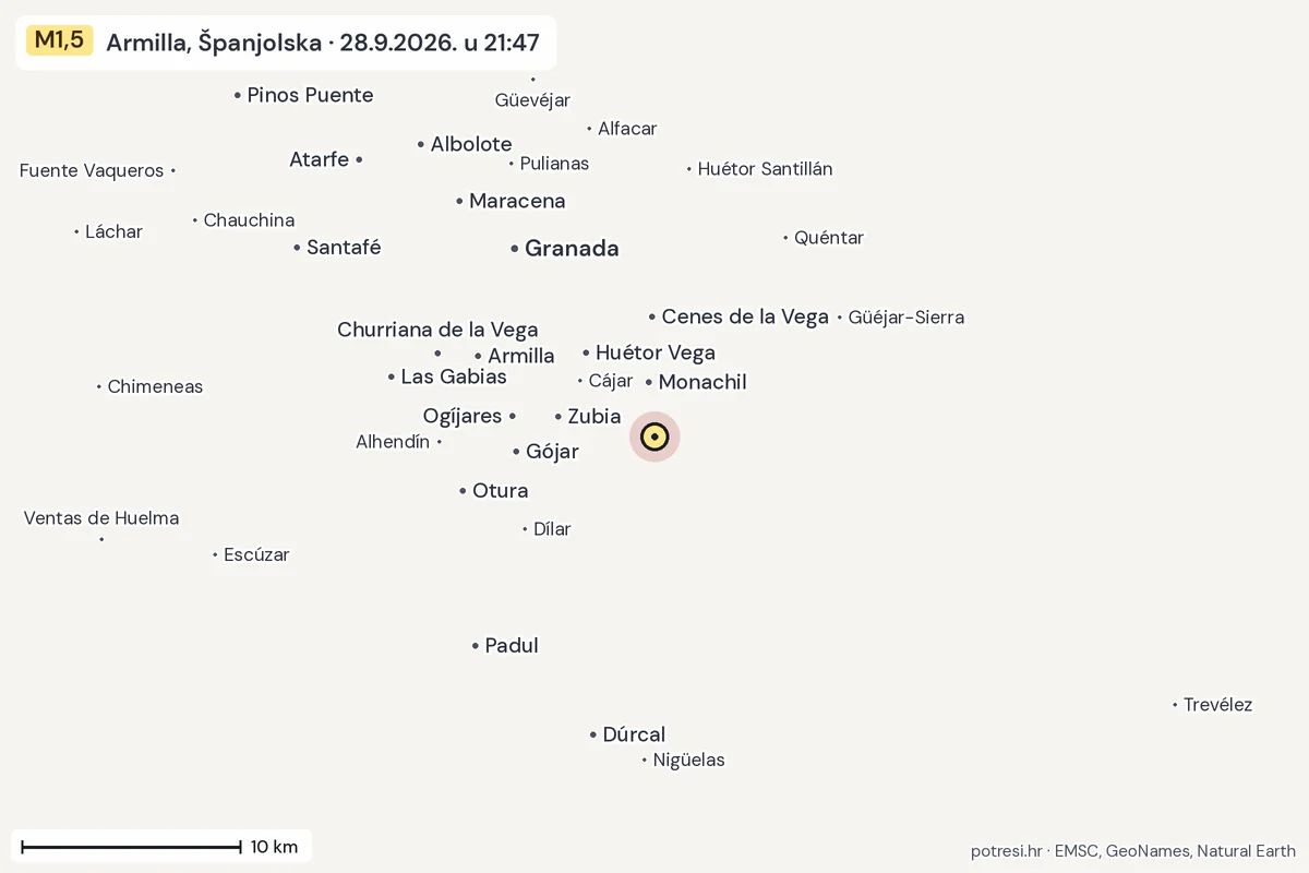 Karta: okolica epicentra, 60 km, potres M1,5, Armilla, Španjolska, 28.9.2026.