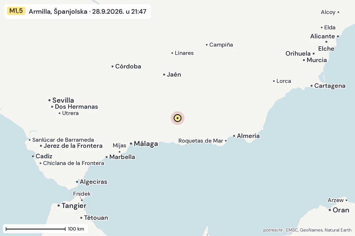 Karta: šire područje, 600 km, potres M1,5, Armilla, Španjolska, 28.9.2026.