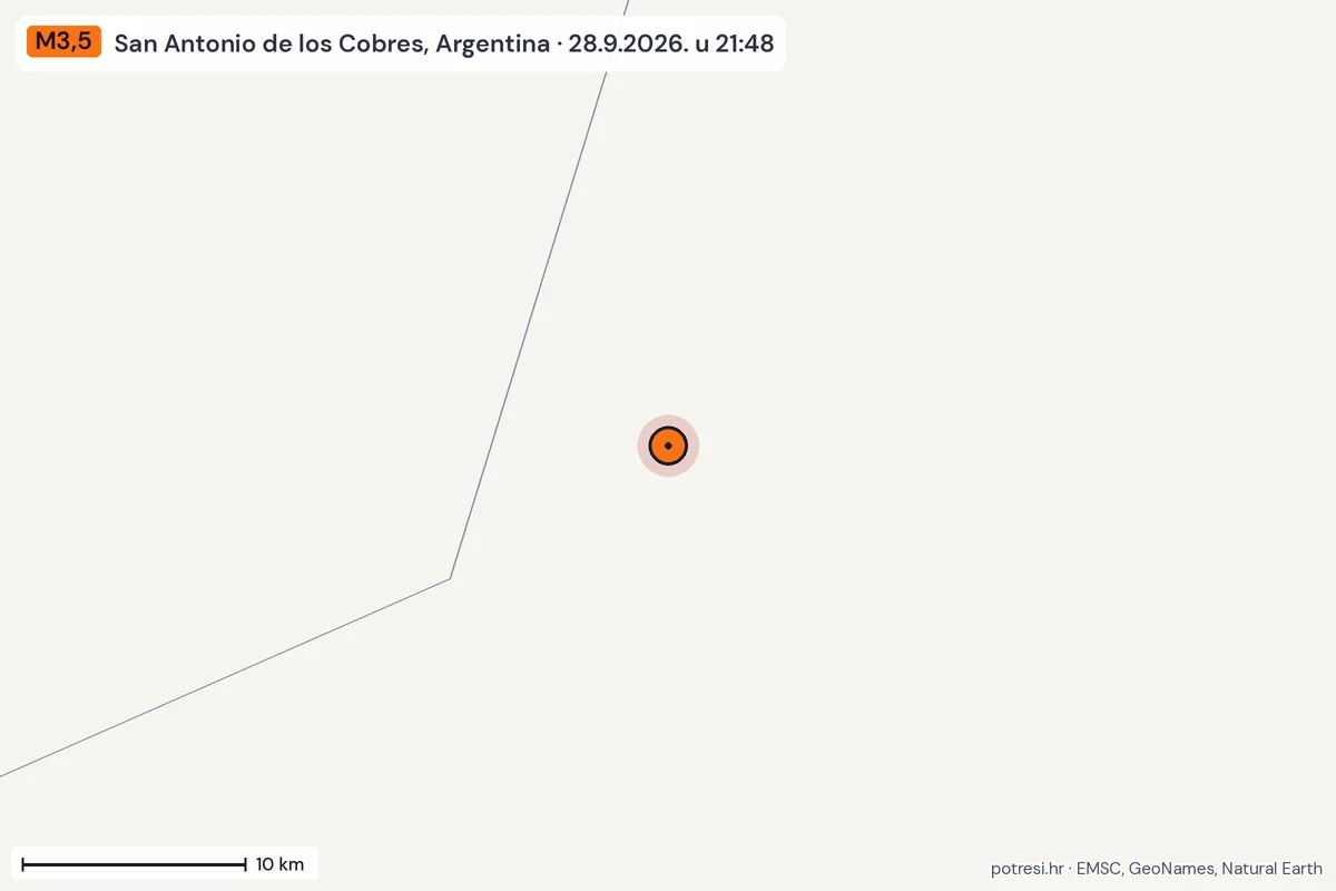 Karta: okolica epicentra, 60 km, potres M3,5, San Antonio de los Cobres, Argentina, 28.9.2026.