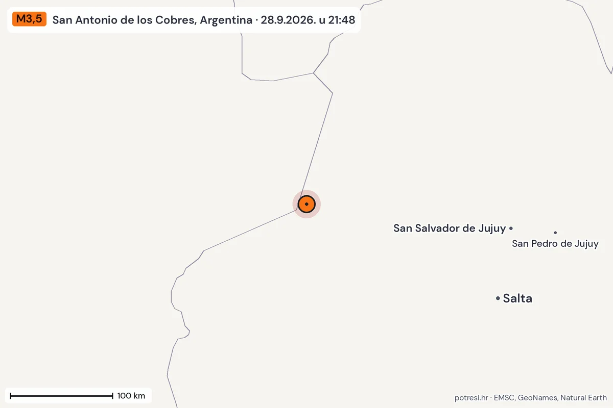 Karta: šire područje, 600 km, potres M3,5, San Antonio de los Cobres, Argentina, 28.9.2026.