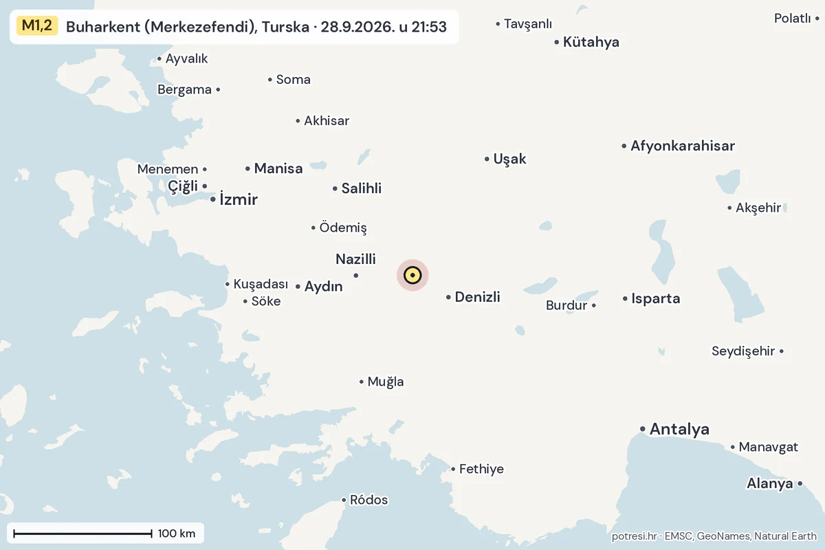Karta: šire područje, 600 km, potres M1,2, Buharkent (Merkezefendi), Turska, 28.9.2026.