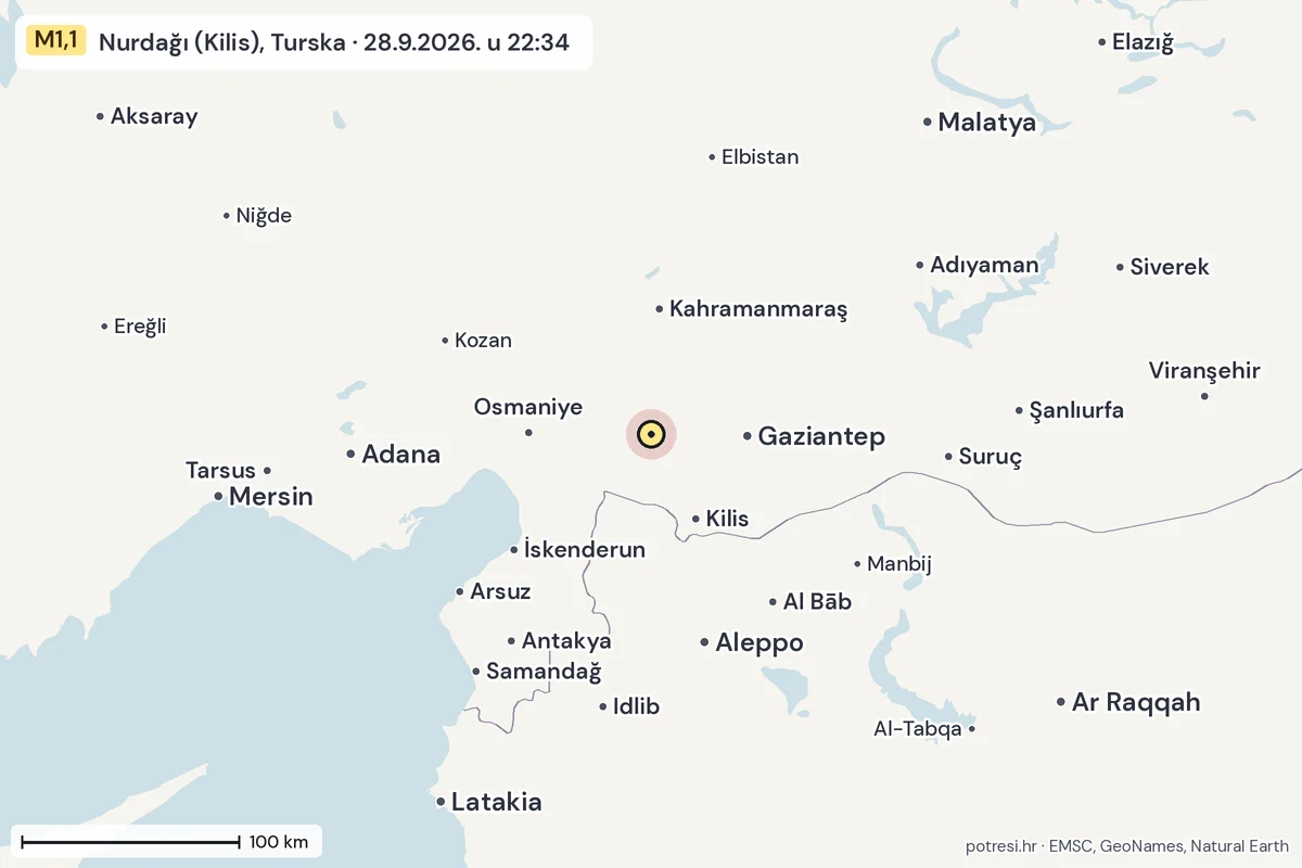 Karta: šire područje, 600 km, potres M1,1, Nurdağı (Kilis), Turska, 28.9.2026.