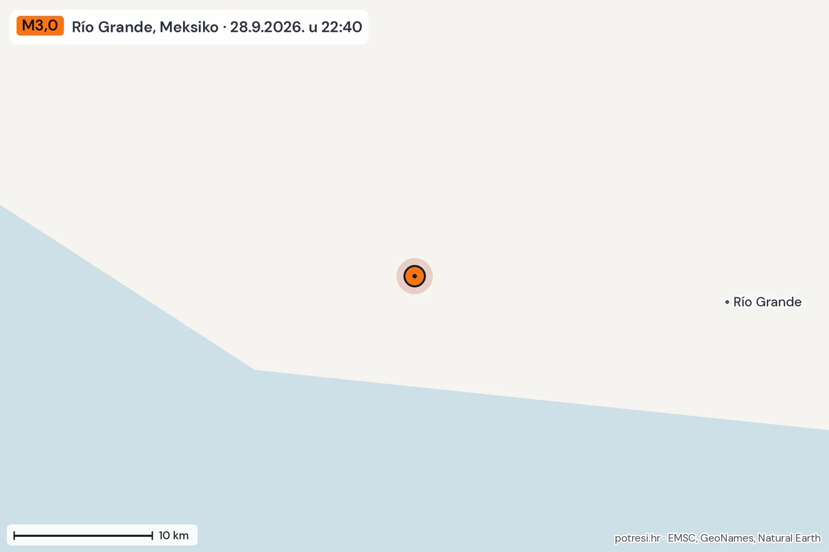Karta: okolica epicentra, 60 km, potres M3,0, Río Grande, Meksiko, 28.9.2026.