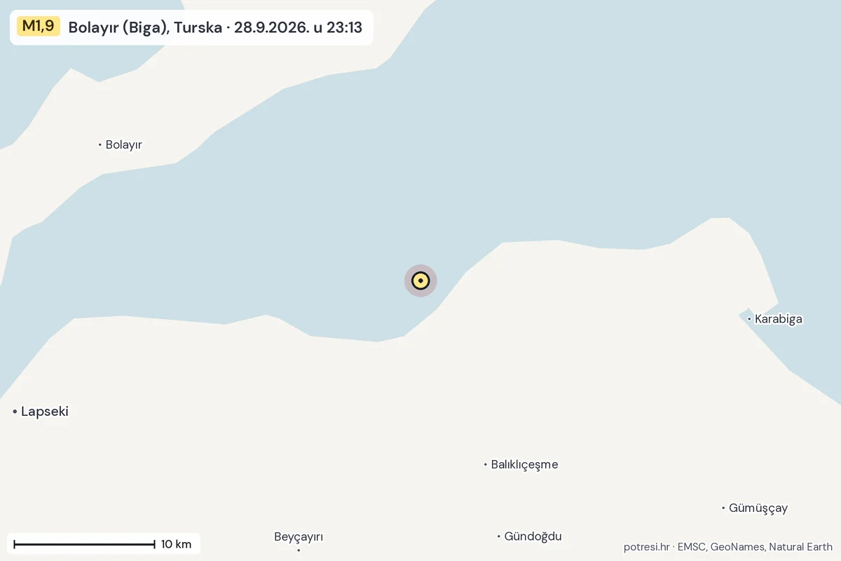 Karta: okolica epicentra, 60 km, potres M1,9, Bolayır (Biga), Turska, 28.9.2026.