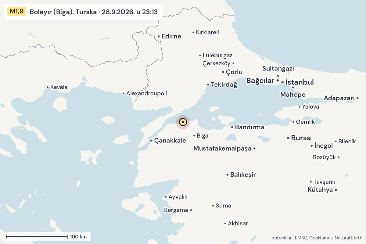 Karta: šire područje, 600 km, potres M1,9, Bolayır (Biga), Turska, 28.9.2026.