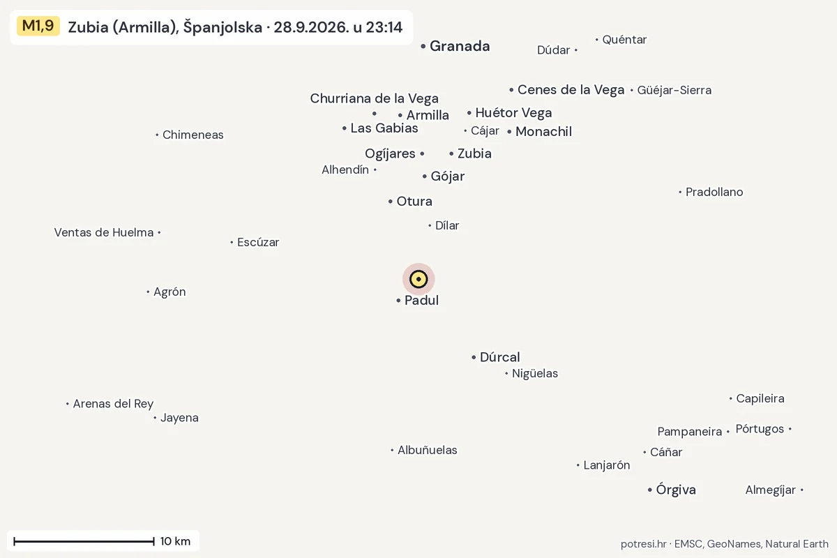 Karta: okolica epicentra, 60 km, potres M1,9, Zubia (Armilla), Španjolska, 28.9.2026.