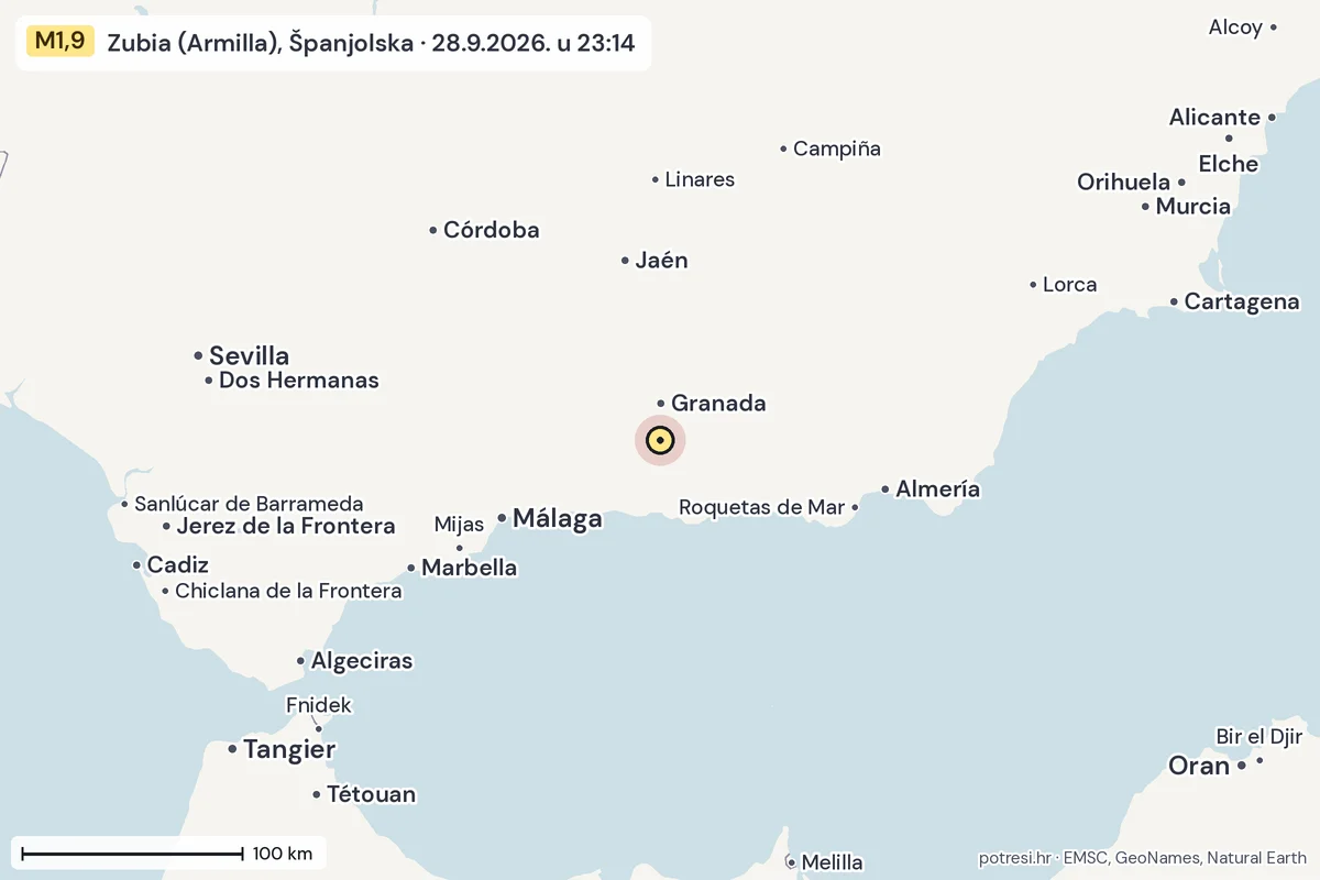 Karta: šire područje, 600 km, potres M1,9, Zubia (Armilla), Španjolska, 28.9.2026.