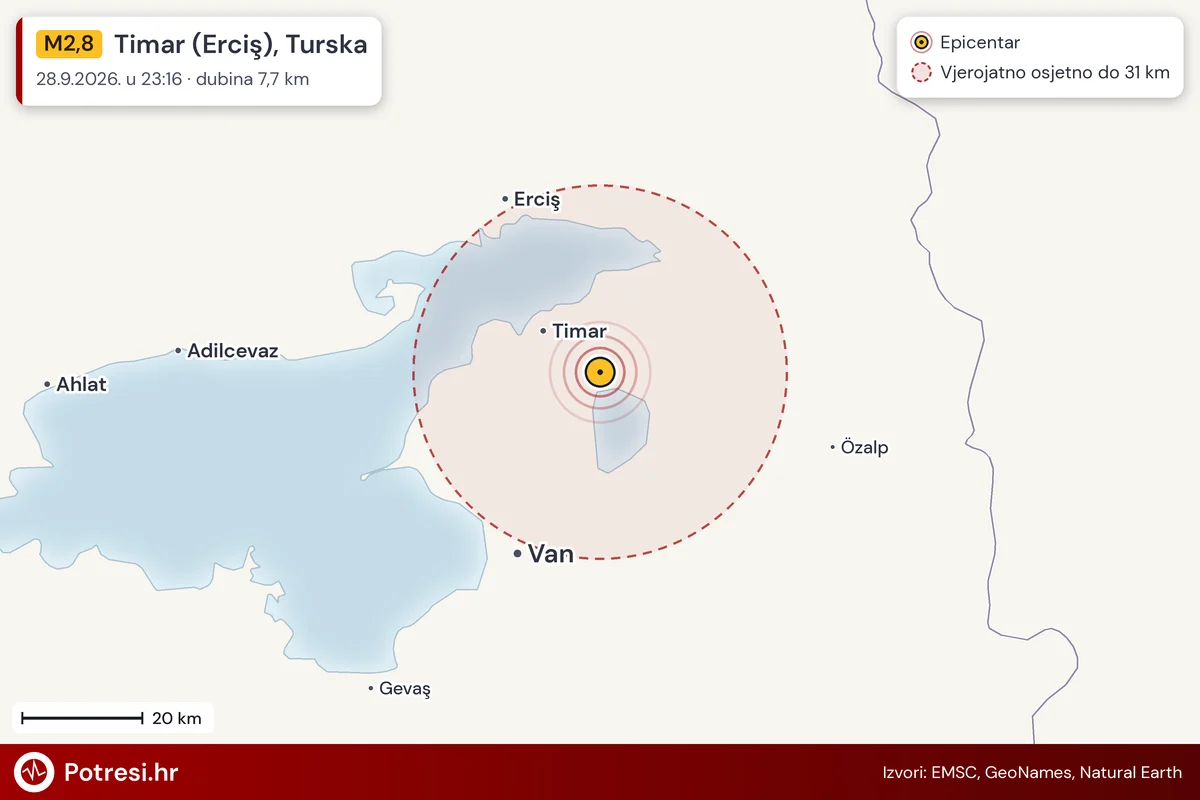 Karta: šire područje i vjerojatni doseg osjeta, potres M2,8, Timar (Erciş), Turska, 28.9.2026.