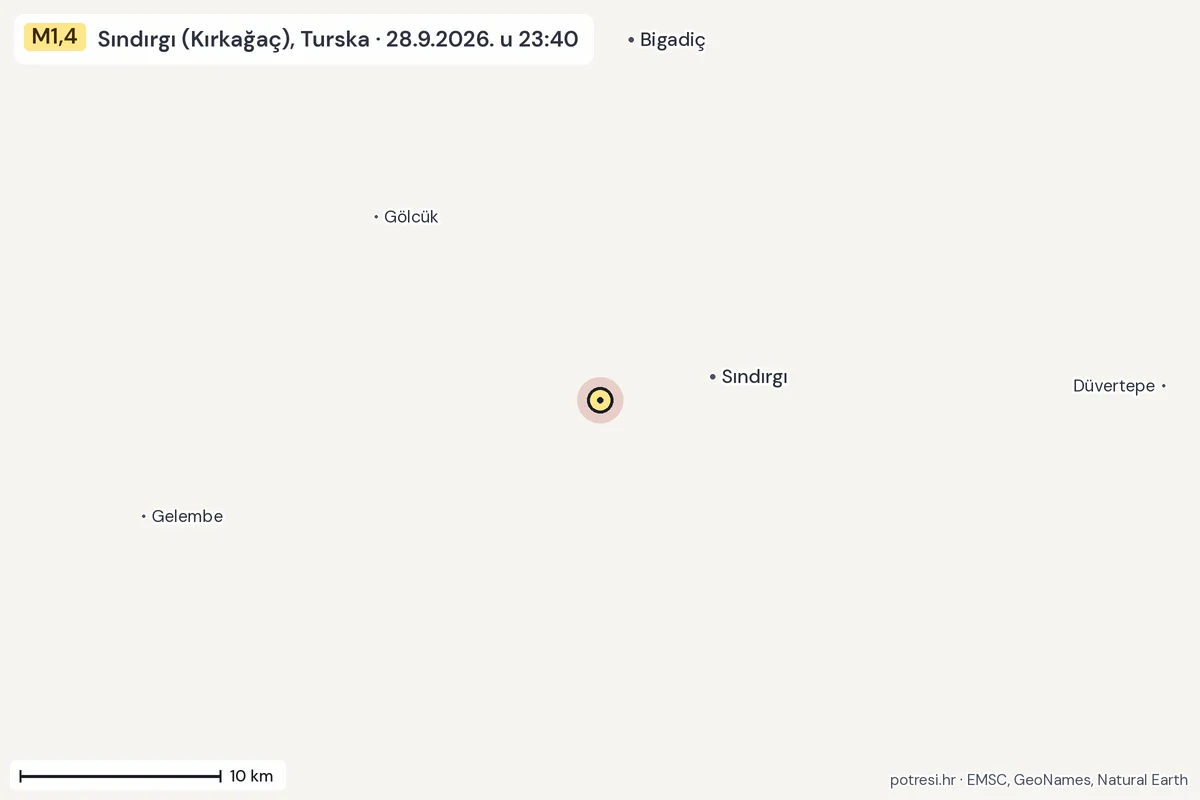 Karta: okolica epicentra, 60 km, potres M1,4, Sındırgı (Kırkağaç), Turska, 28.9.2026.