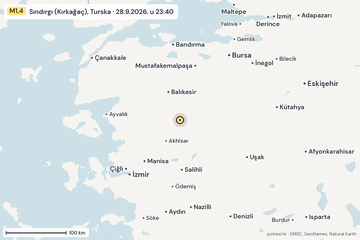 Karta: šire područje, 600 km, potres M1,4, Sındırgı (Kırkağaç), Turska, 28.9.2026.