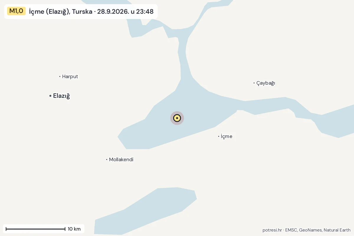 Karta: okolica epicentra, 60 km, potres M1,0, İçme (Elazığ), Turska, 28.9.2026.