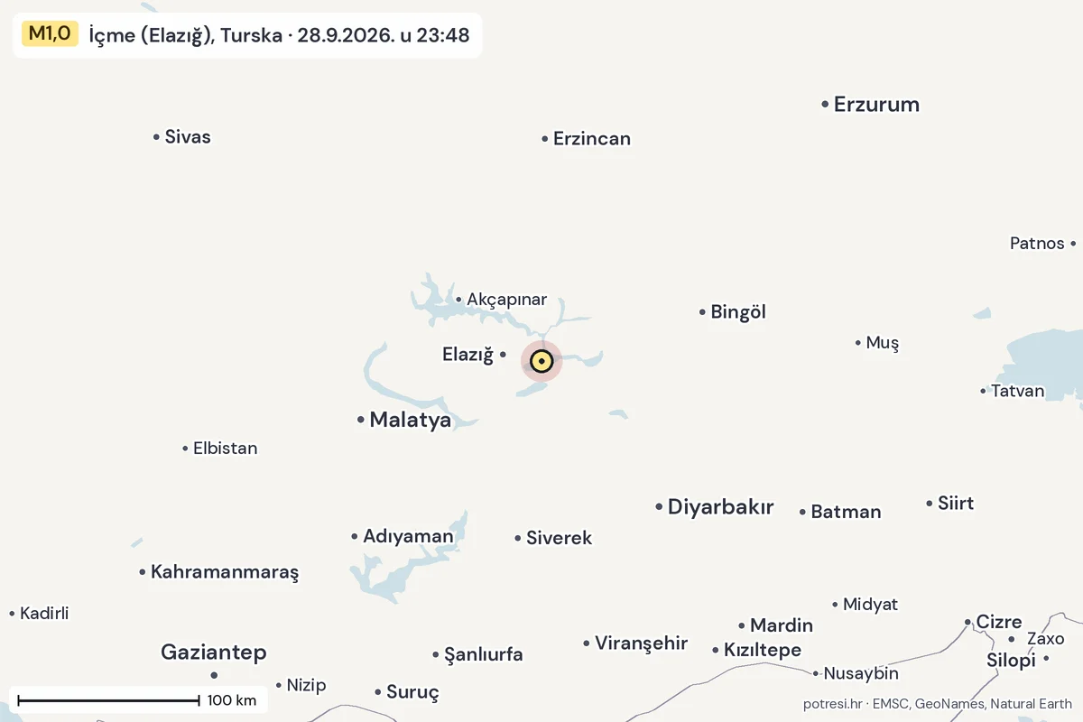 Karta: šire područje, 600 km, potres M1,0, İçme (Elazığ), Turska, 28.9.2026.