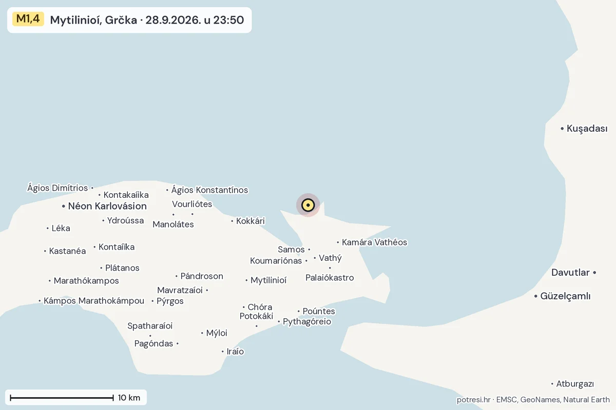 Karta: okolica epicentra, 60 km, potres M1,4, Mytilinioí, Grčka, 28.9.2026.
