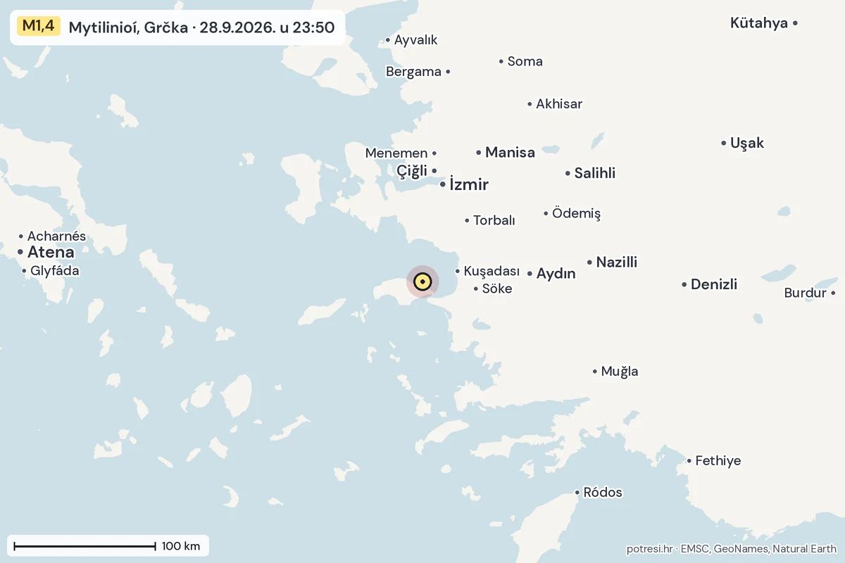Karta: šire područje, 600 km, potres M1,4, Mytilinioí, Grčka, 28.9.2026.