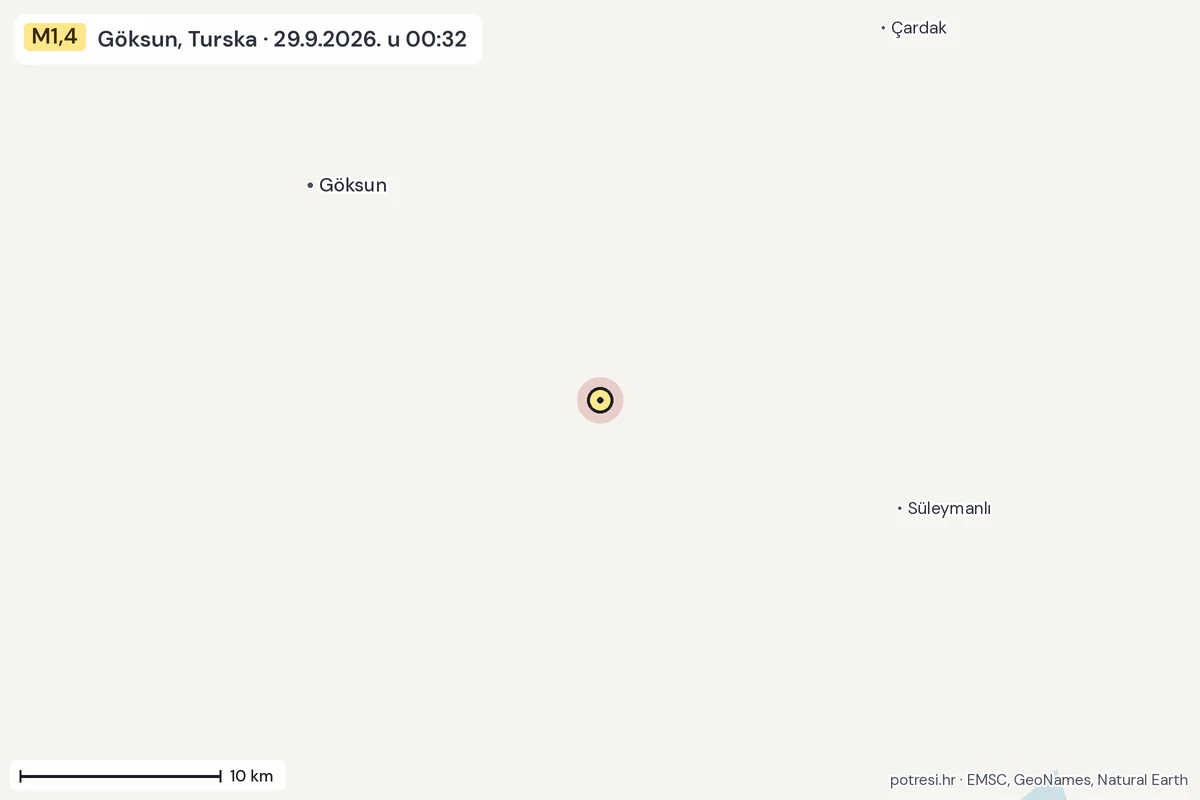 Karta: okolica epicentra, 60 km, potres M1,4, Göksun, Turska, 29.9.2026.
