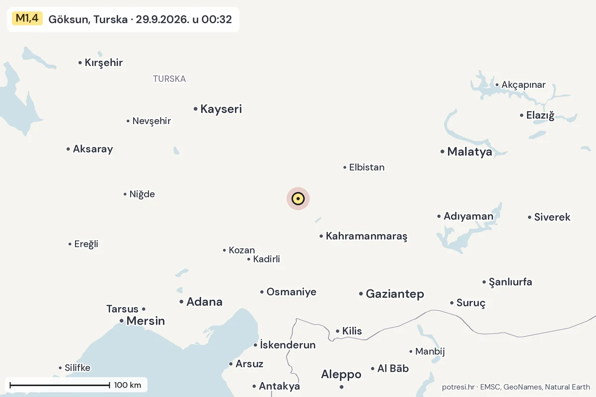 Karta: šire područje, 600 km, potres M1,4, Göksun, Turska, 29.9.2026.