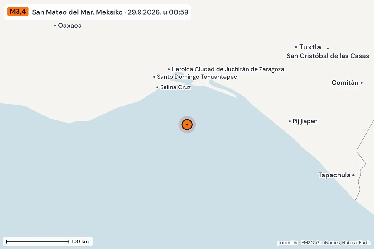 Karta: šire područje, 600 km, potres M3,4, San Mateo del Mar, Meksiko, 29.9.2026.
