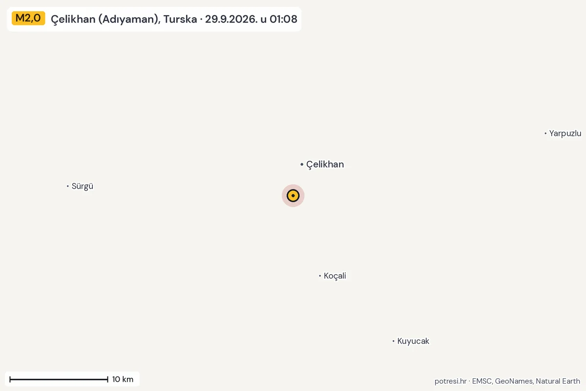 Karta: okolica epicentra, 60 km, potres M2,0, Çelikhan (Adıyaman), Turska, 29.9.2026.