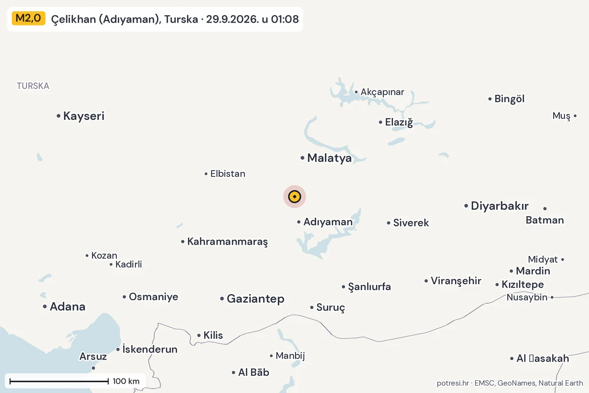 Karta: šire područje, 600 km, potres M2,0, Çelikhan (Adıyaman), Turska, 29.9.2026.