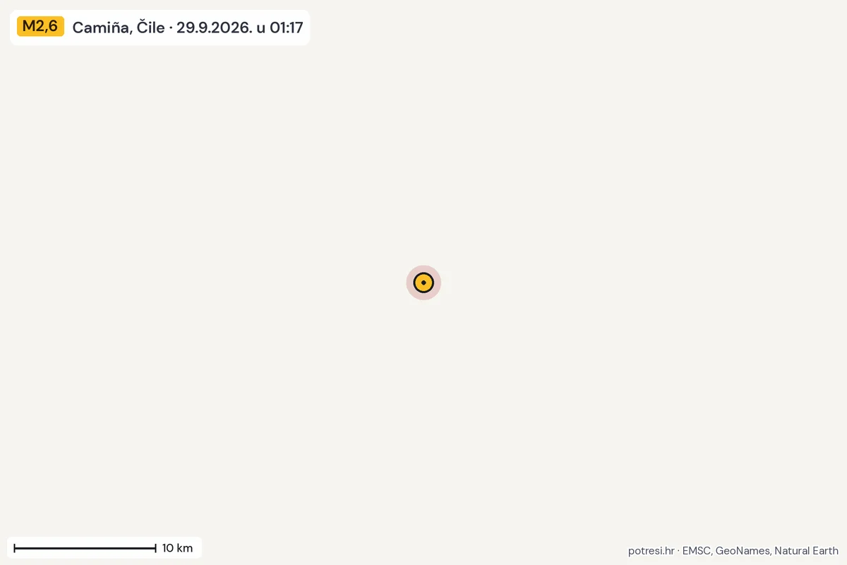 Karta: okolica epicentra, 60 km, potres M2,6, Camiña, Čile, 29.9.2026.