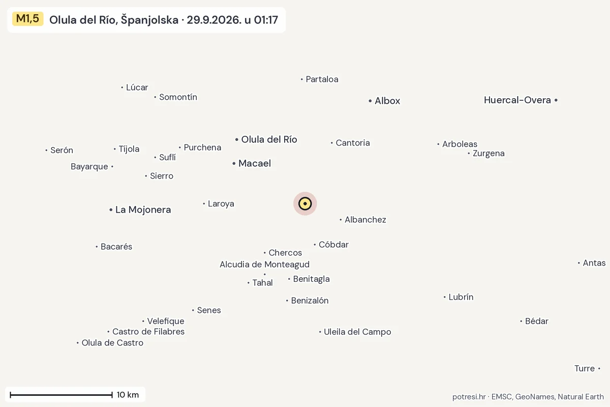 Karta: okolica epicentra, 60 km, potres M1,5, Olula del Río, Španjolska, 29.9.2026.