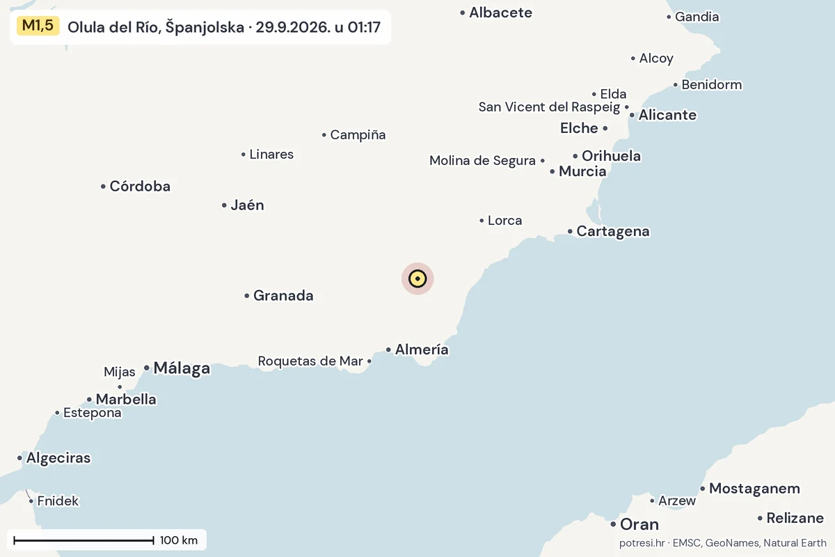 Karta: šire područje, 600 km, potres M1,5, Olula del Río, Španjolska, 29.9.2026.