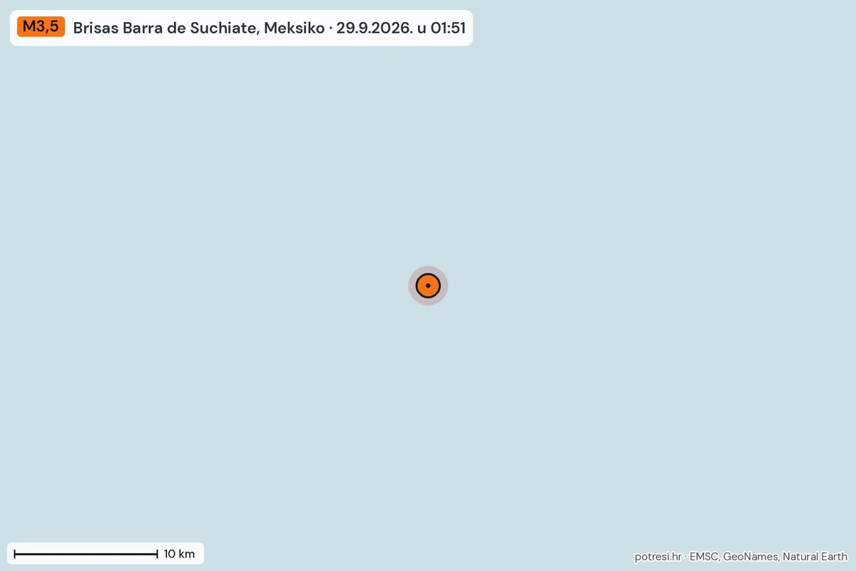 Karta: okolica epicentra, 60 km, potres M3,5, Brisas Barra de Suchiate, Meksiko, 29.9.2026.