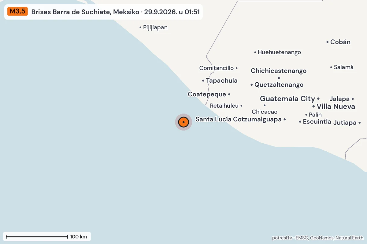 Karta: šire područje, 600 km, potres M3,5, Brisas Barra de Suchiate, Meksiko, 29.9.2026.