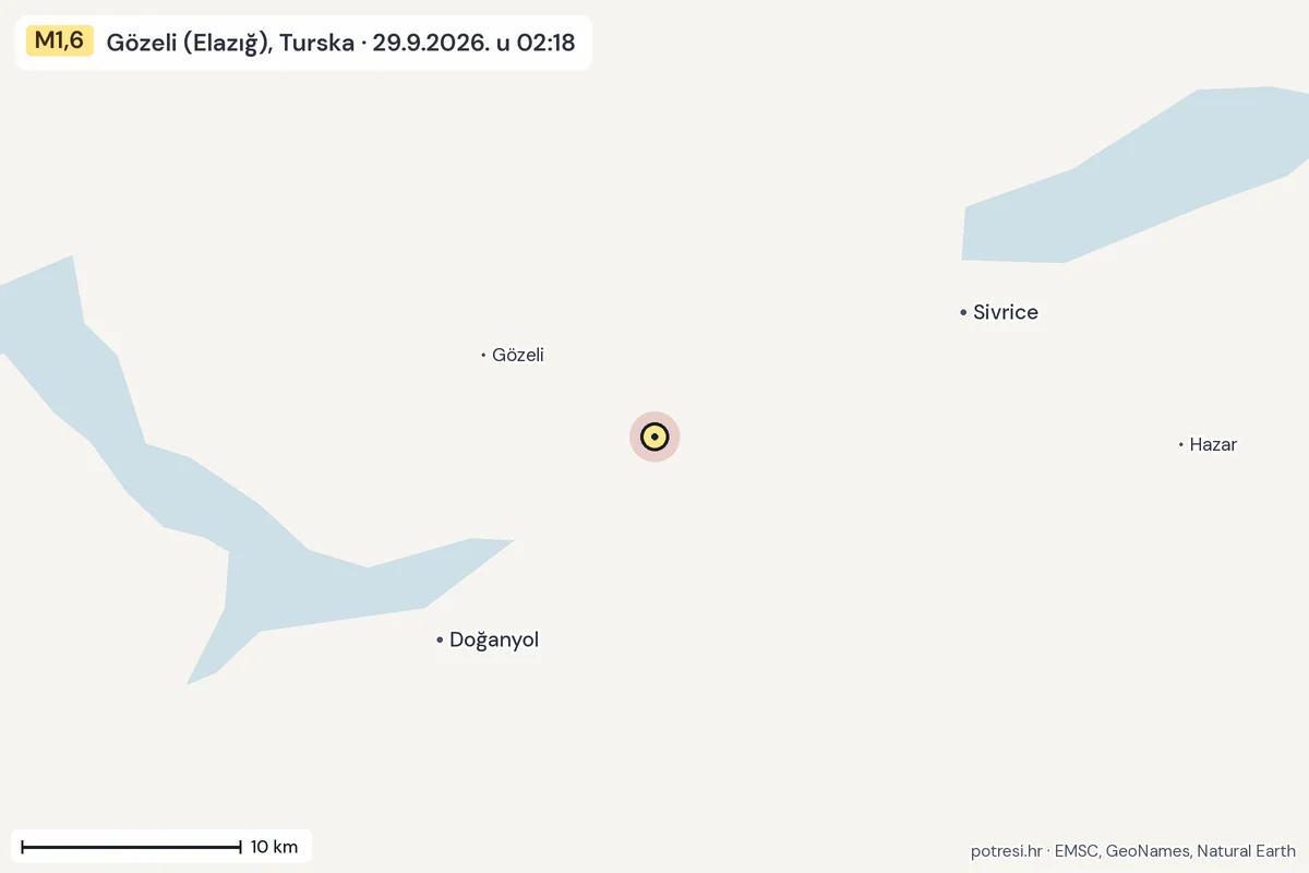 Karta: okolica epicentra, 60 km, potres M1,6, Gözeli (Elazığ), Turska, 29.9.2026.