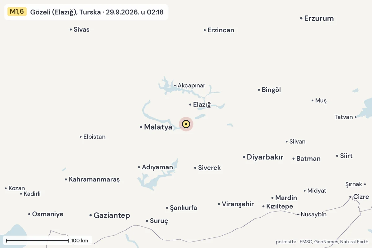 Karta: šire područje, 600 km, potres M1,6, Gözeli (Elazığ), Turska, 29.9.2026.