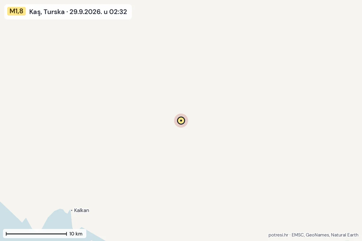Karta: okolica epicentra, 60 km, potres M1,8, Kaş, Turska, 29.9.2026.