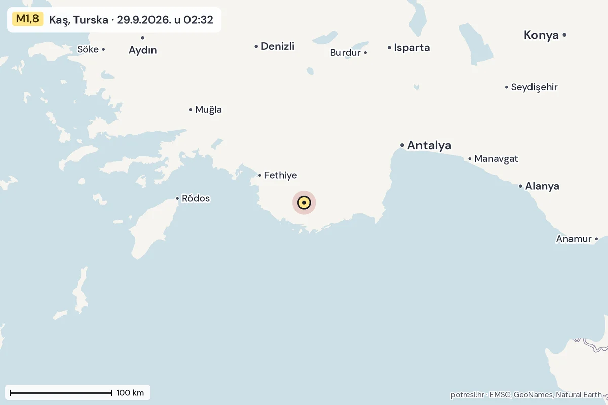 Karta: šire područje, 600 km, potres M1,8, Kaş, Turska, 29.9.2026.