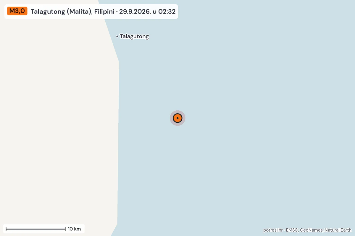 Karta: okolica epicentra, 60 km, potres M3,0, Talagutong (Malita), Filipini, 29.9.2026.