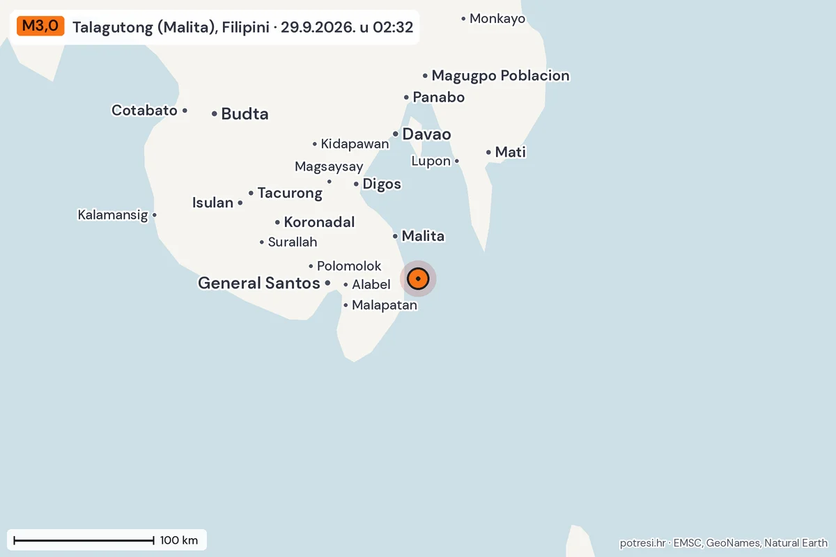 Karta: šire područje, 600 km, potres M3,0, Talagutong (Malita), Filipini, 29.9.2026.