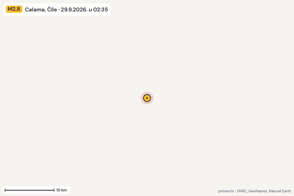 Karta: okolica epicentra, 60 km, potres M2,8, Calama, Čile, 29.9.2026.