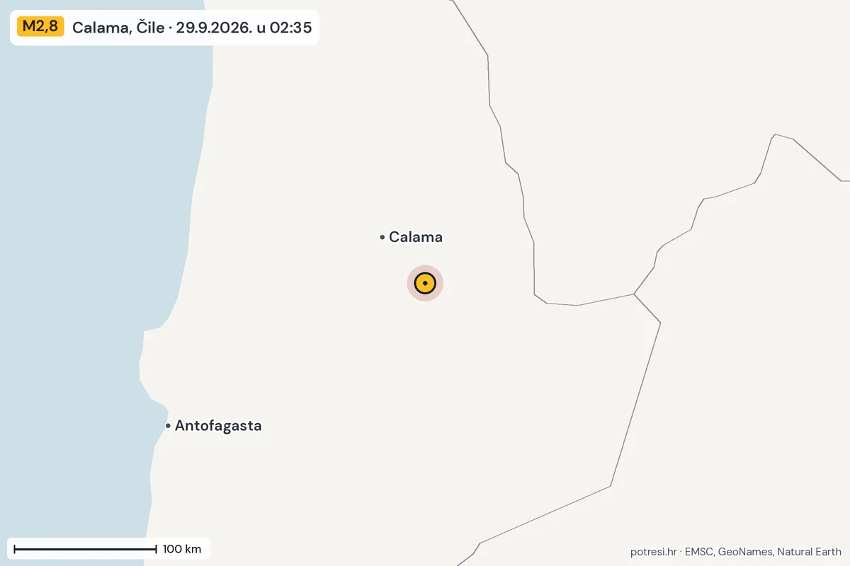 Karta: šire područje, 600 km, potres M2,8, Calama, Čile, 29.9.2026.